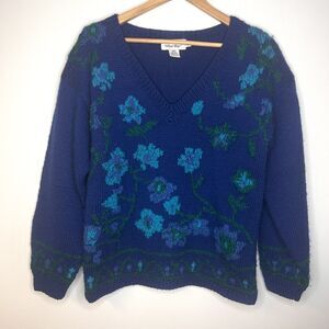 West Bay Vintage Blue Green 100% Wool Floral Knit V Neck Chunky Sweater medium